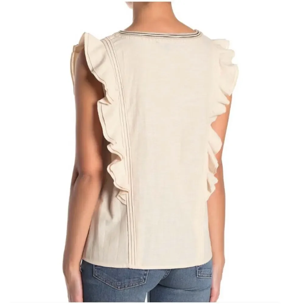 FRYE Ruffle Sleeveless Top Split V Neck Size M Oatmeal
